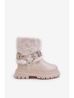 Eko Skórzane Botki Dziewczęce Z Futerkiem I Klamrami Beżowe Cartemes Eko Skórzane Botki Dziewczęce Z Futerkiem I Klamrami Beżowe Cartemes
