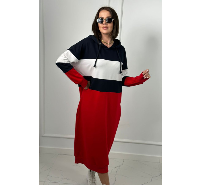 Trojfarebné šaty s kapucňou tmavomodré + biele + červené