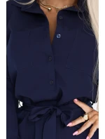 Košilové šaty s kapsami a vázáním tmavě modré model 21290288 - numoco