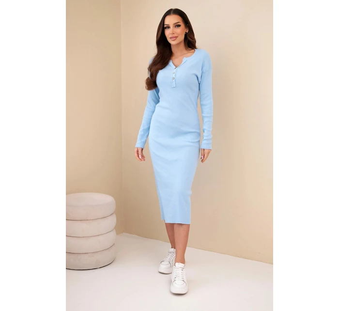 Dámská bavlněná šaty s dlouhým rukávem a knoflíkovým výstřihem modrá