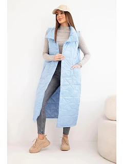 Dámska prešívaná dlhá vesta s vreckami a stojačikom modrá