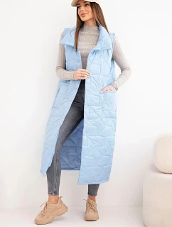 Dámska prešívaná dlhá vesta s vreckami a stojačikom modrá