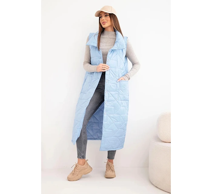 Dámska prešívaná dlhá vesta s vreckami a stojačikom modrá