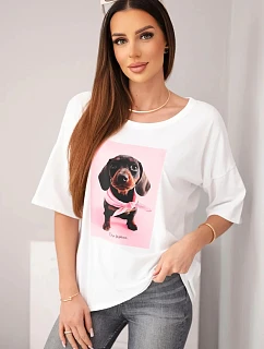 Dámska bavlnená blúzka oversize s potlačou "Dog Fashion" biela