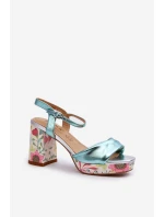 Dámské sandály na podpatku s květinami D&A model 21660335 modré - S.Barski