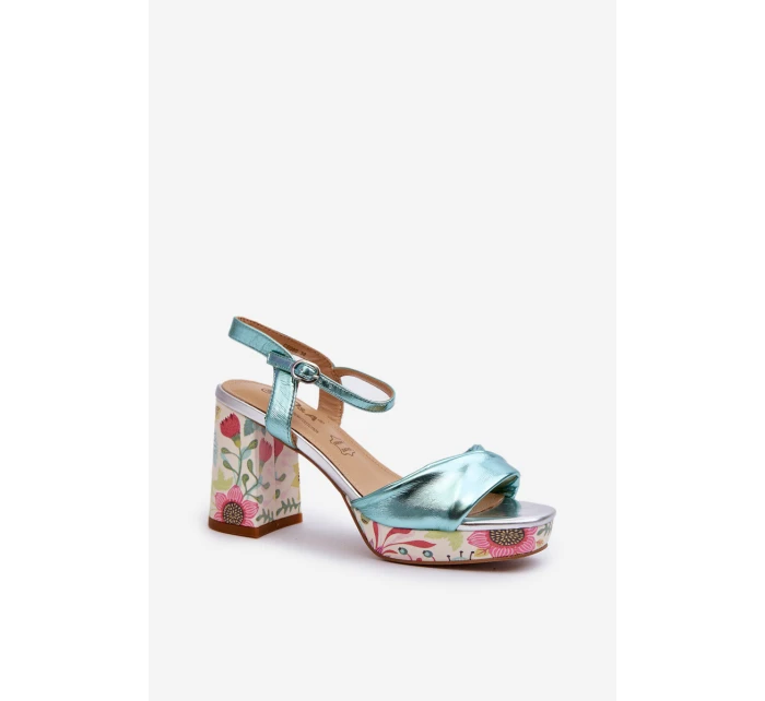 Dámské sandály na podpatku s květinami D&A model 21660335 modré - S.Barski