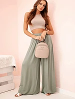 Dámske široké viskózové nohavice s elastickým pásom khaki