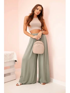 Dámske široké viskózové nohavice s elastickým pásom khaki