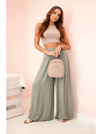 Dámske široké viskózové nohavice s elastickým pásom khaki Dámske široké viskózové nohavice s elastickým pásom khaki