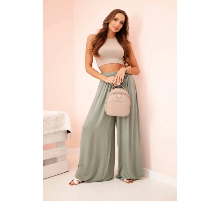 Dámske široké viskózové nohavice s elastickým pásom khaki Dámske široké viskózové nohavice s elastickým pásom khaki