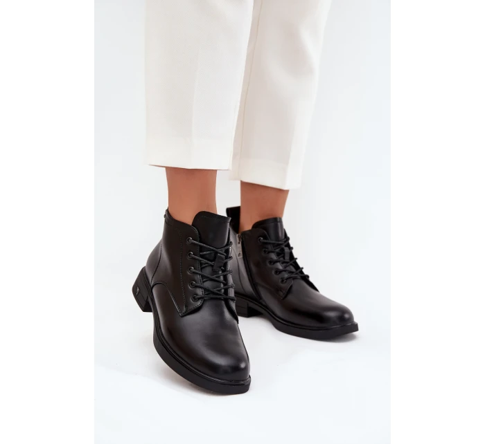 Zateplené kožené dámské boty na nízkém podpatku model 21710502 Černé - VINCEZA