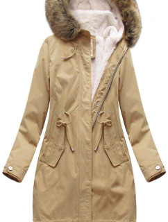 Béžová dámska zimná bunda parka s kapucňou a odopínacou podšívkou (7626big)