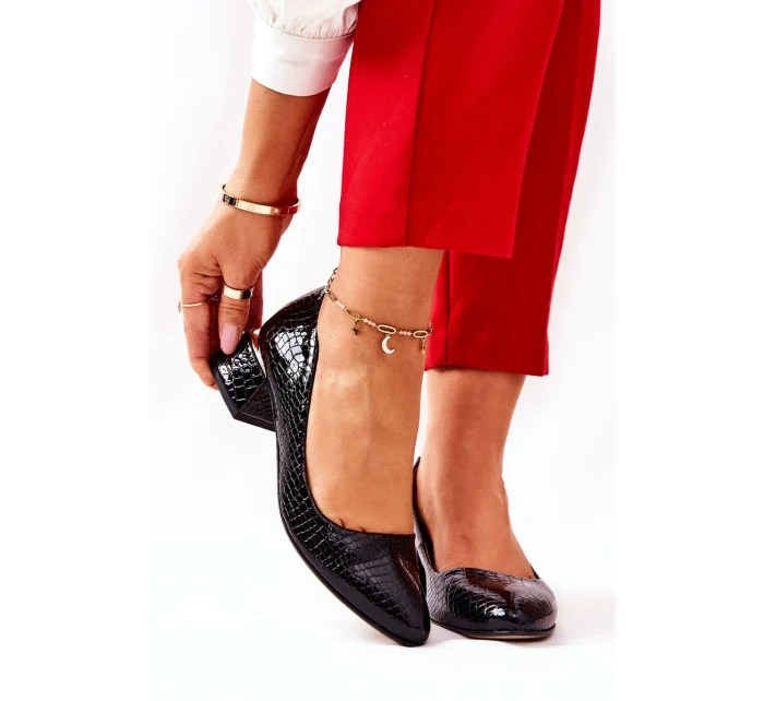 Skórzane Wężowe Czółenka Lewski 3118 Czarne