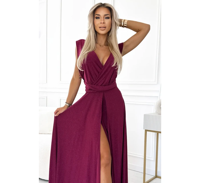 Elegantní dlouhé dámské šaty ve vínové bordó barvě s brokátem a se zavazováním model 20173914 - numoco