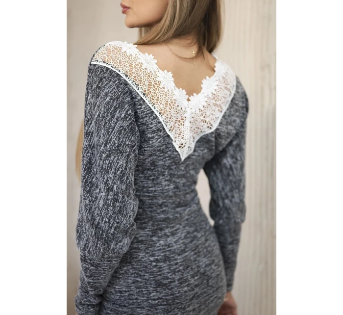 Dámské šaty s 3/4 rukávy a krajkou na zádech černý melanž