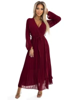 537-1 Plisované šifónové šaty s výstrihom, dlhými rukávmi a viazaným opaskom - Bordeaux 537-1 Plisované šifónové šaty s výstrihom, dlhými rukávmi a viazaným opaskom - Bordeaux