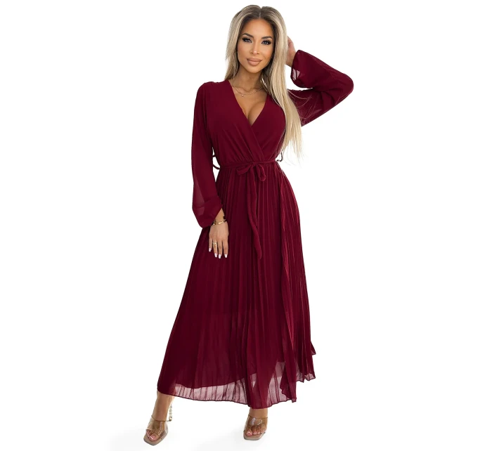 537-1 Plisované šifónové šaty s výstrihom, dlhými rukávmi a viazaným opaskom - Bordeaux 537-1 Plisované šifónové šaty s výstrihom, dlhými rukávmi a viazaným opaskom - Bordeaux