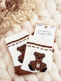 Młodzieżowe Ciepłe Skarpety Z Misiem Biało-Brązowe