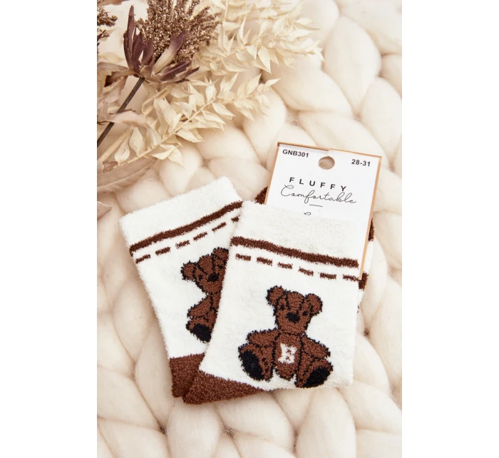 Młodzieżowe Ciepłe Skarpety Z Misiem Biało-Brązowe
