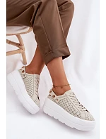 Kožené síťované dámské tenisky na platformě s páskem na podpatku model 22100279 béžové - D&A