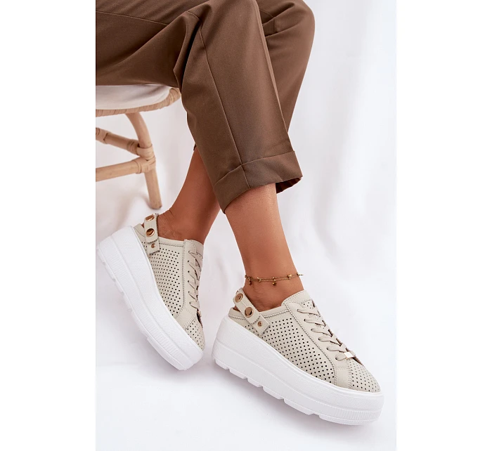 Kožené síťované dámské tenisky na platformě s páskem na podpatku model 22100279 béžové - D&A