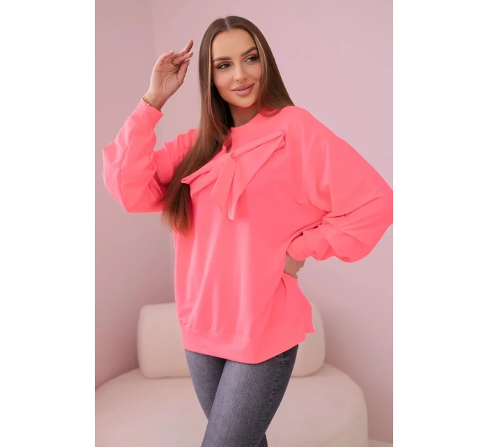Bavlnená blúzka s mašľou Ružová neónová