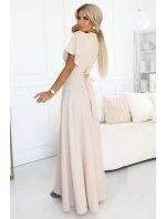 581-6 JENNIFER dlhé šaty s rozparkom na nohách, rukávmi a výstrihom - BEACH