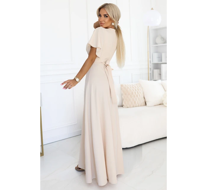 581-6 JENNIFER dlhé šaty s rozparkom na nohách, rukávmi a výstrihom - BEACH