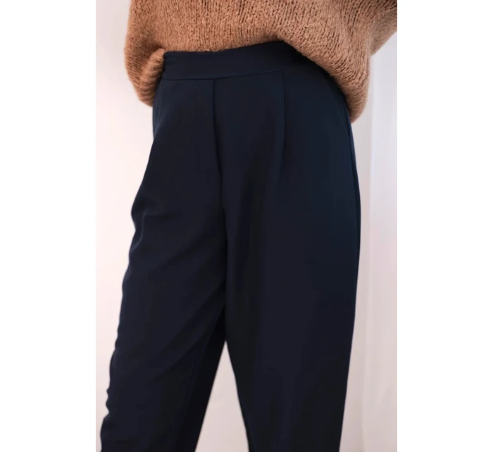 Dámské kalhoty s vysokým pasem a záhyby modré