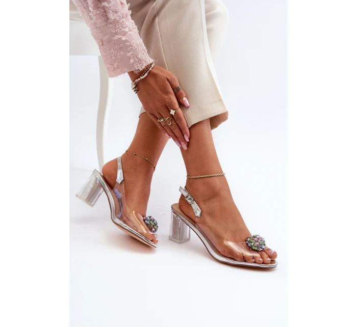 Průhledné sandály na podpatku s ozdobou stříbrné D&A model 21655900 - S.Barski Průhledné sandály na podpatku s ozdobou stříbrné D&A model 21655900 - S.Barski