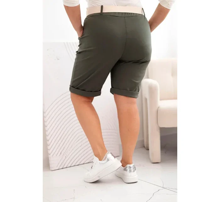 Dámské bavlněné šortky Plus Size s páskem khaki