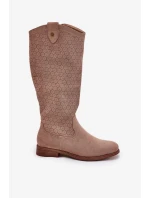 Dámske čižmy na nízkom podpätku s perforovaným vzorom S.Barski - béžové, ekokoža