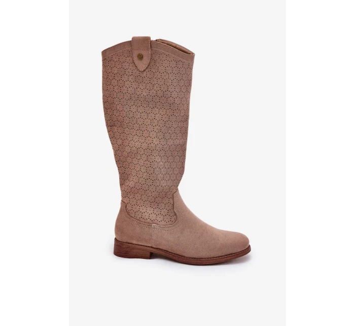 Dámske čižmy na nízkom podpätku s perforovaným vzorom S.Barski - béžové, ekokoža