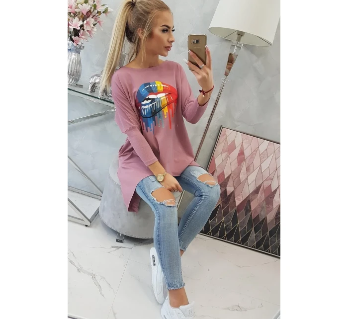 Oversize blúzka s potlačou dúhových pier tmavo ružová