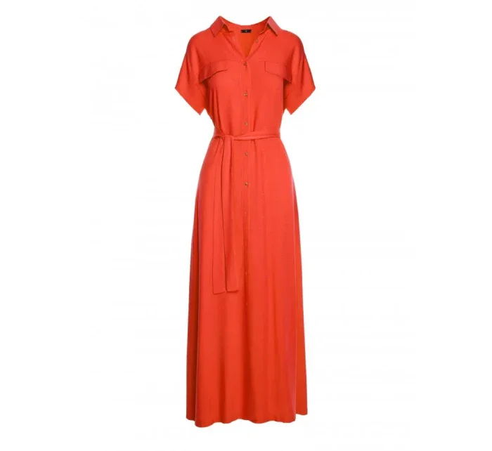 S364 Viskózové maxi košeľové šaty - koralové