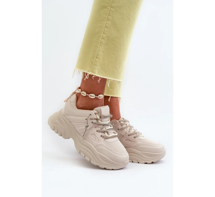 Sneakersy Damskie Na Masywnej Podeszwie Z Ozdobnym Sznurowaniem Beżowe Relissa Sneakersy Damskie Na Masywnej Podeszwie Z Ozdobnym Sznurowaniem Beżowe Relissa