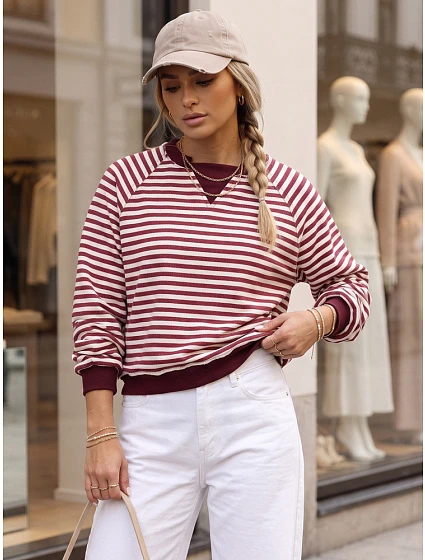 Dámska bavlnená mikina s pruhmi Azara, bordová, FashionStreet RY2932