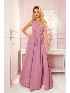 JUSTINE - Dlhé dámske šaty v púdrovo ružovej farbe s brokátom, s výstrihom a zaväzovaním 362-1
