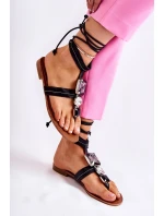 Wiązane Sandały Japonki Z Kryształami Czarne Shendon