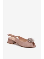 Kožené dámské sandály na podpatku s ozdobou D&A CR61-3030 béžové