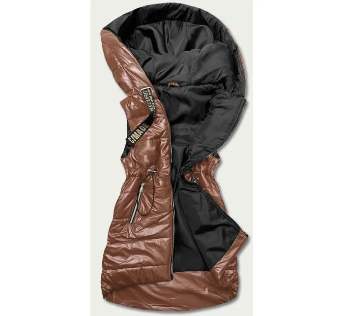 Lesklá vesta v karamelovej farbe s kapucňou (B8130-14)