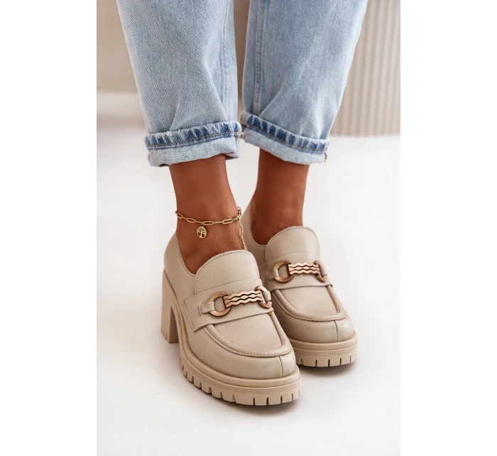 Zazoo 20175 Półbuty Damskie Na Słupku Skóra Naturalna Jasnobeżowe
