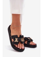 Klapki Damskie Z Kokardą I Złotą Broszką Czarne Lynara Klapki Damskie Z Kokardą I Złotą Broszką Czarne Lynara