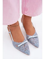 Dámské krajkové sandály na podpatku s mašlí Modré model 22107296 - Boto Dámské krajkové sandály na podpatku s mašlí Modré model 22107296 - Boto