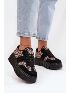 Zamszowe Ocieplane Sneakersy Damskie Na Masywnej Platformie Vinceza 66841 Panterka Czarne