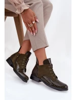 Lakierowane Botki Damskie Z Ozdobnym Tłoczeniem Ocieplane Vinceza 16477 Ciemnozielone