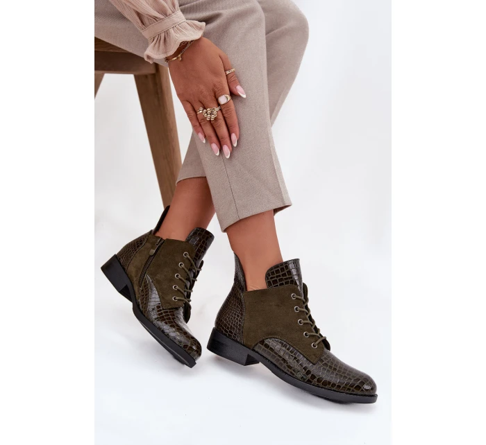 Lakierowane Botki Damskie Z Ozdobnym Tłoczeniem Ocieplane Vinceza 16477 Ciemnozielone