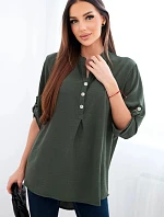 Blúzka s dlhším zadným dielom tmavej khaki farby