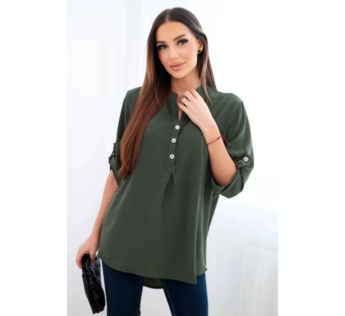 Blúzka s dlhším zadným dielom tmavej khaki farby
