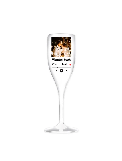 Personalizovaná nerozbitná pohár na prosecco s motívom prehrávača Personalizovaná nerozbitná pohár na prosecco s motívom prehrávača